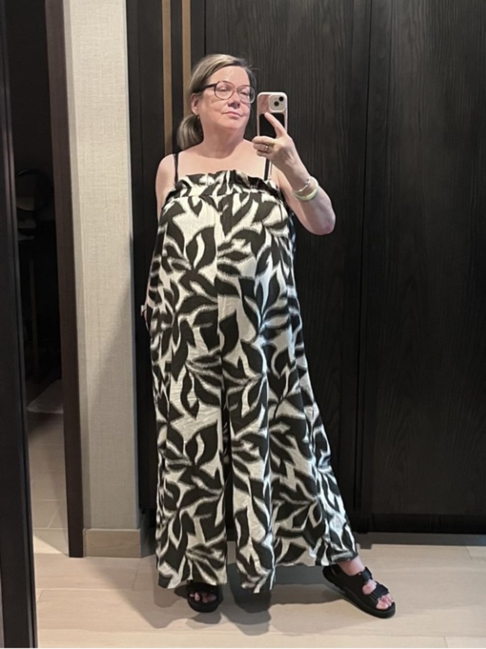 Banana Republic Black and White Leaf-Print Linen Blend Wide Leg Strappy Jumpsuit